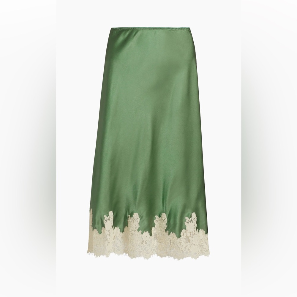 Doen Green Satin Slip Skirt with Cream Lace Hem - Picture 2 of 12